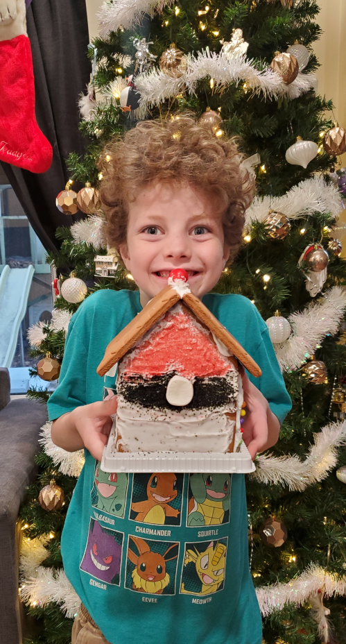 A young boy is holding a gingerbread house in front of a christmas tree.