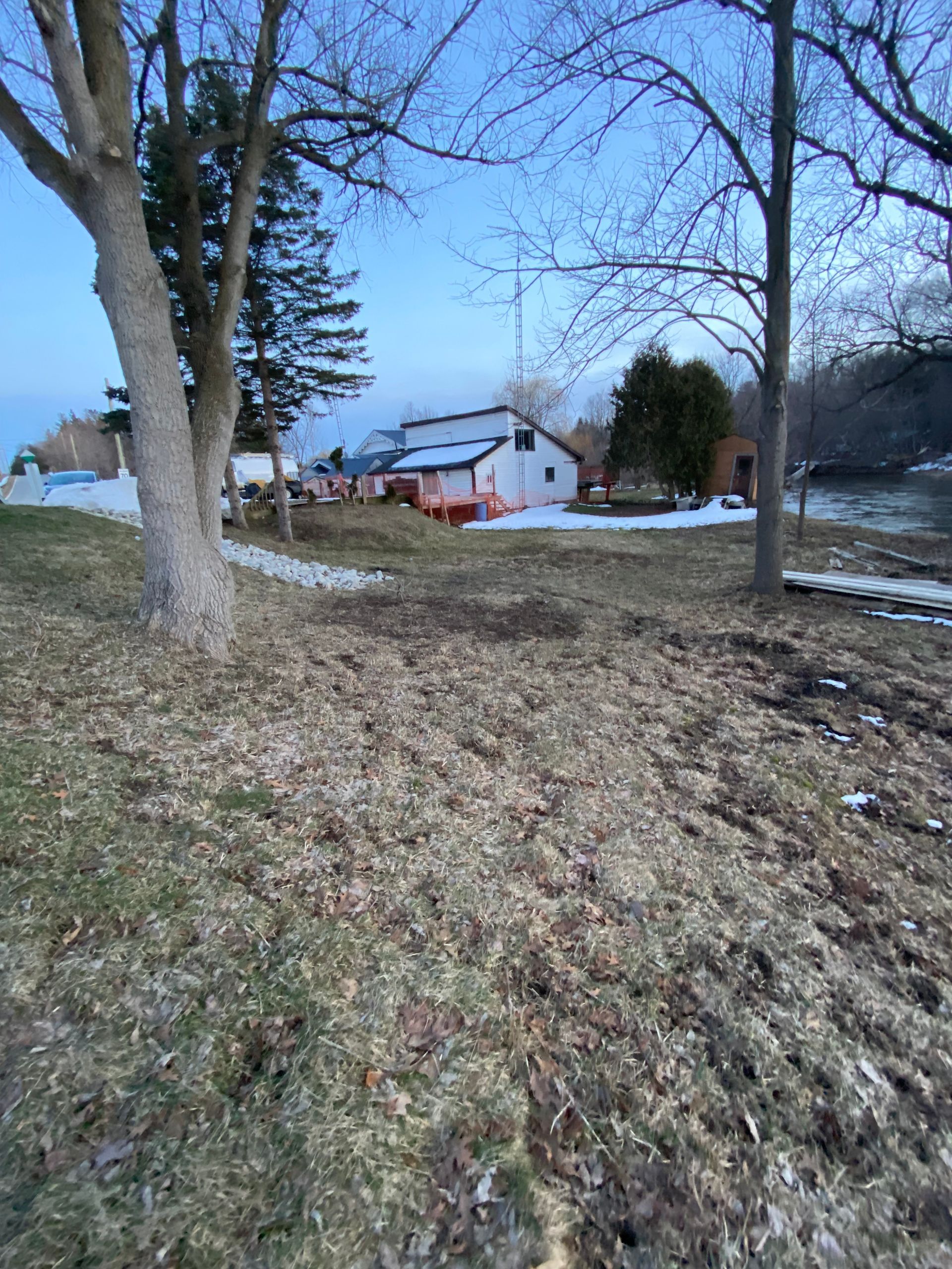 There is a house in the background and a tree in the foreground.