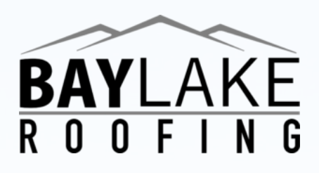 a black and white logo for baylake roofing with a mountain in the background .