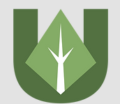 the letter u is surrounded by a green leaf and a tree branch .