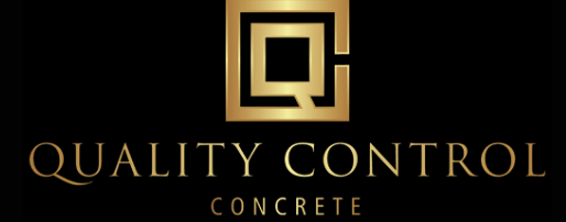 a gold logo for quality control concrete on a black background