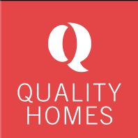 the quality homes logo is on a red background