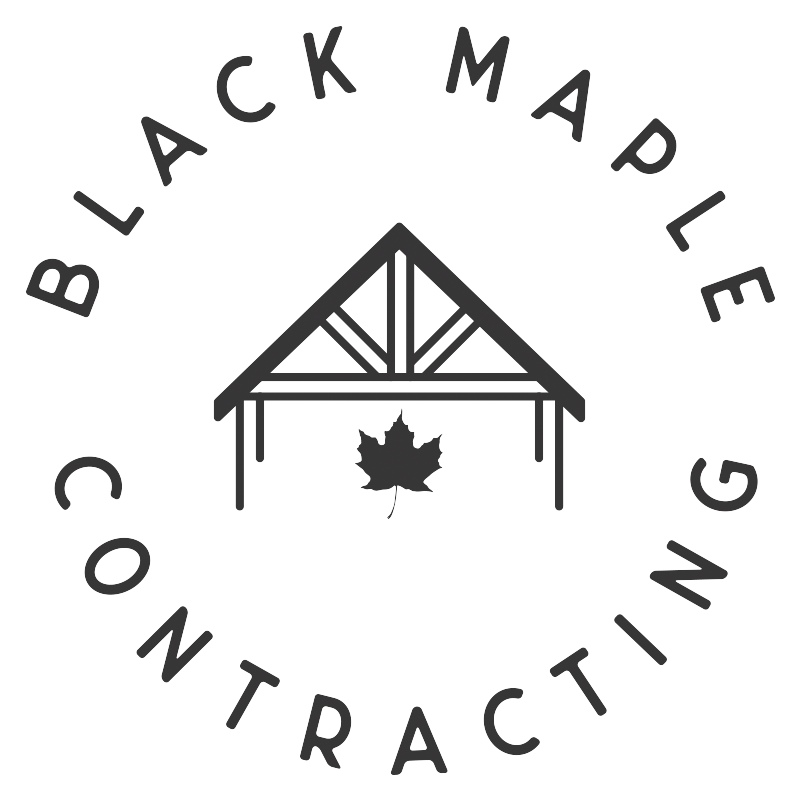 the logo for black maple contracting shows a house with a maple leaf on the roof .