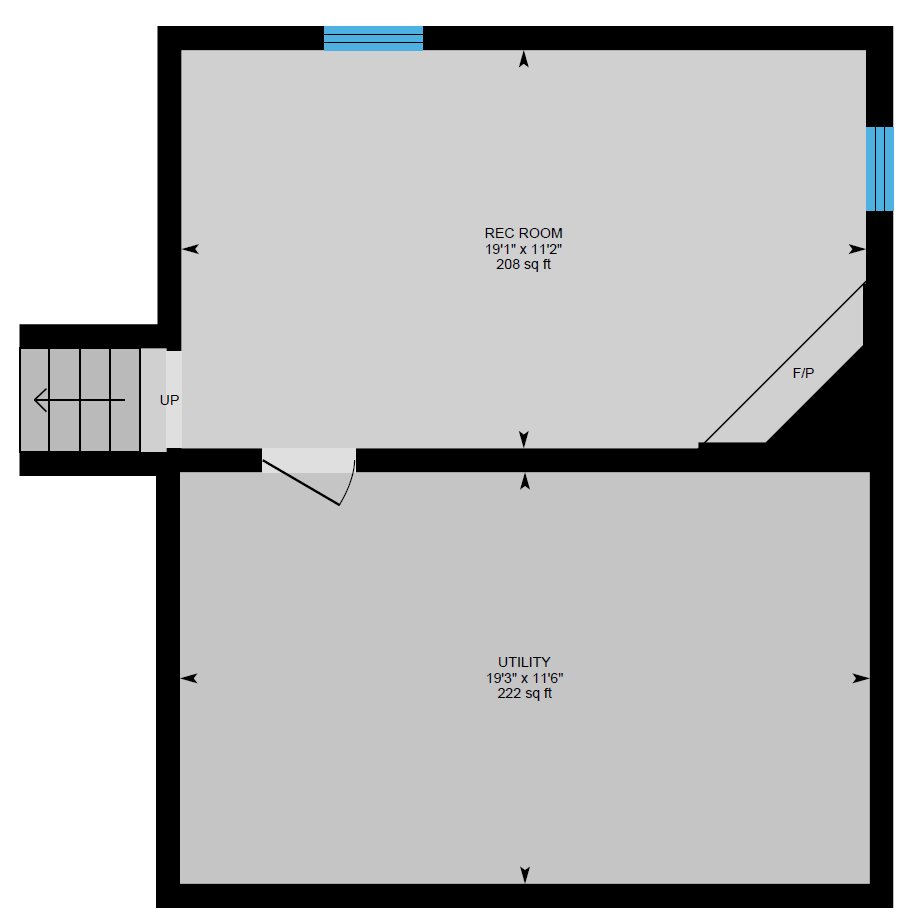 a floor plan of a basement with a staircase and a door .