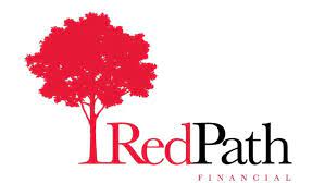 a red path financial logo with a red tree on a white background .