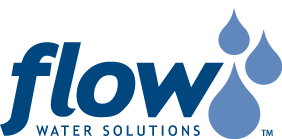 a logo for flow water solutions with a drop of water