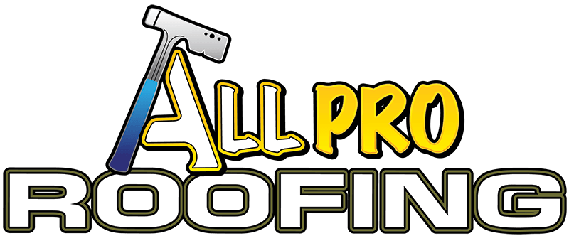 the logo for all pro roofing shows a hammer and the words `` all pro roofing '' .