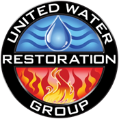 The logo for united water restoration group shows a drop of water and a fire.