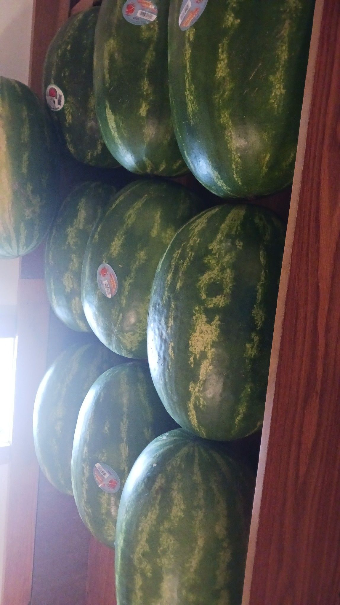 Watermelons stacked in a wooden cabinet, green and striped, with a few stickers visible.