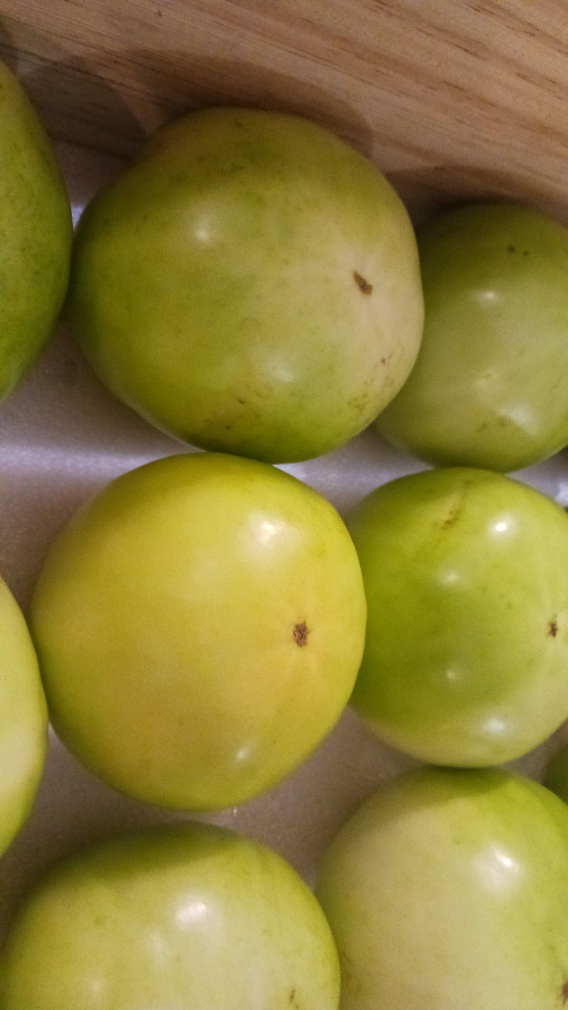 Green and yellow round fruits, likely plums or similar, arranged in a container.