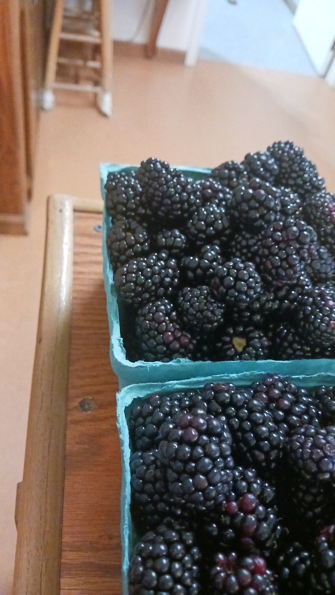 Two cartons overflowing with ripe, dark blackberries on a wooden surface.
