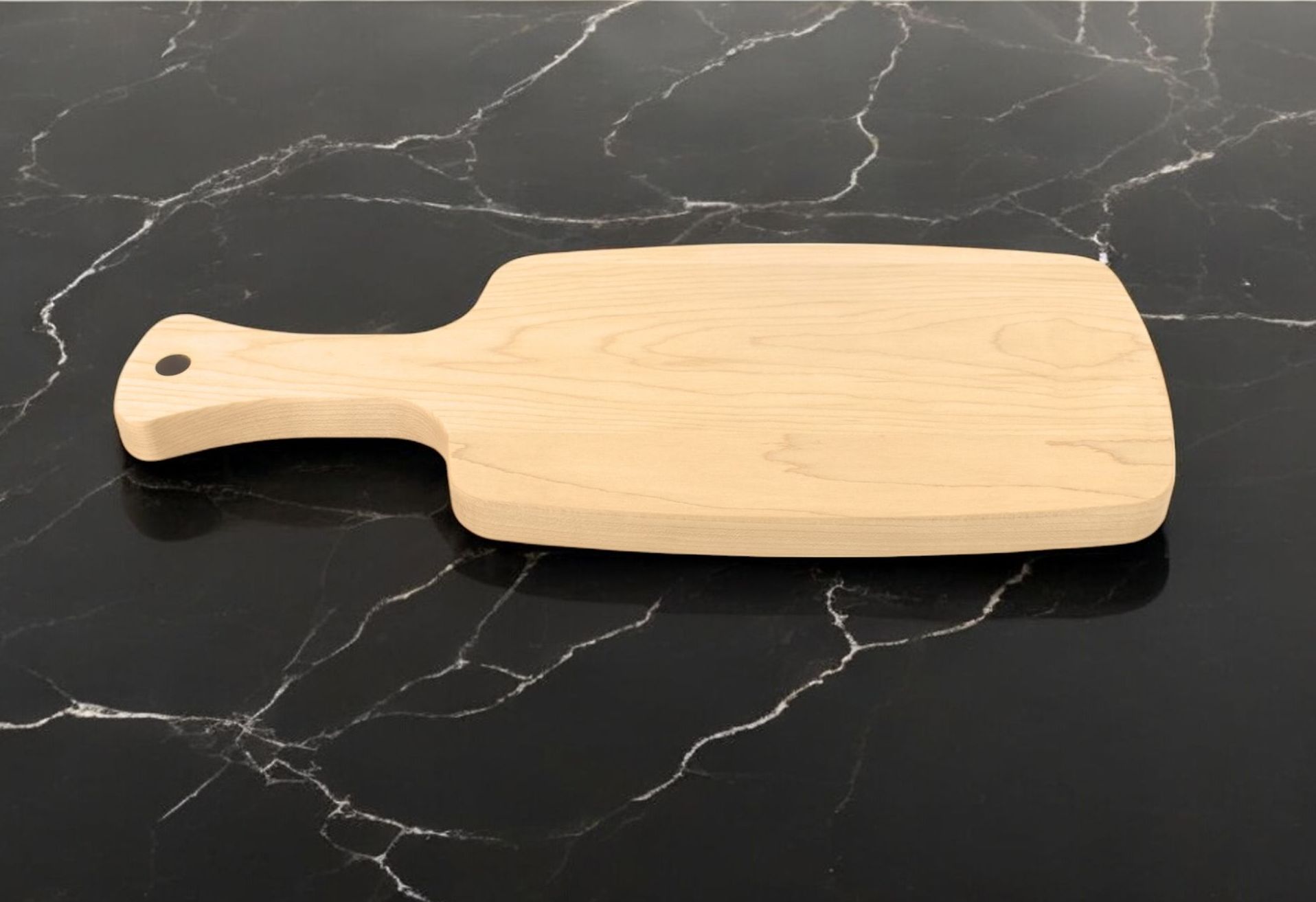 A wooden cutting board is sitting on a black marble counter top