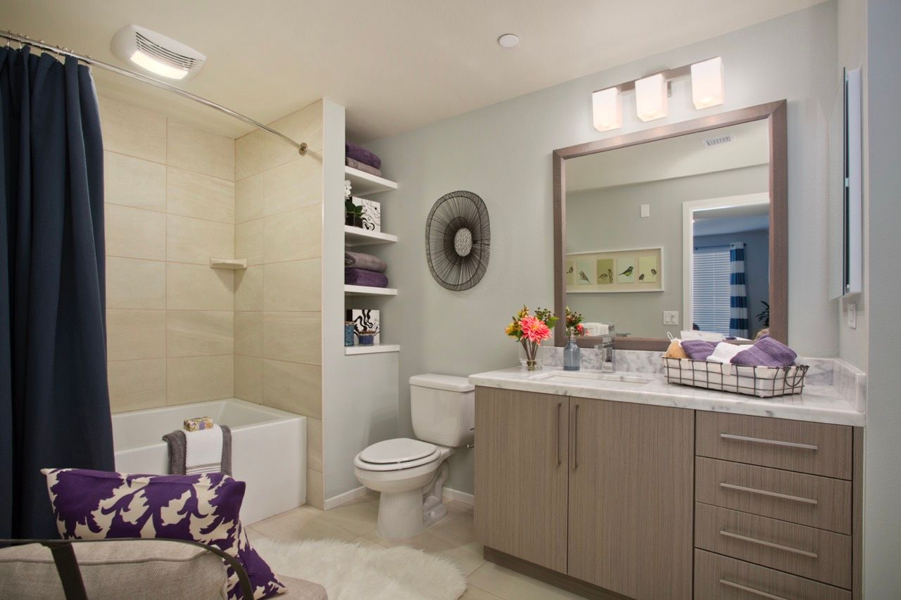 Modern apartment bathroom with a single-sink vanity, mirror, toilet, and tub/shower.