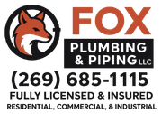 Logo for Fox Plumbing & Piping LLC: fox head in a circle, text and phone number.
