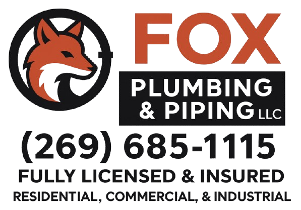 Logo for Fox Plumbing & Piping LLC: fox head in a circle, text and phone number.