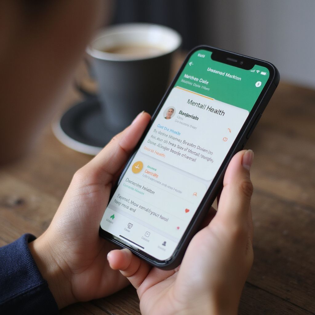 Person holding a phone displaying a health app with green and white interface. A mug of coffee is in the background.