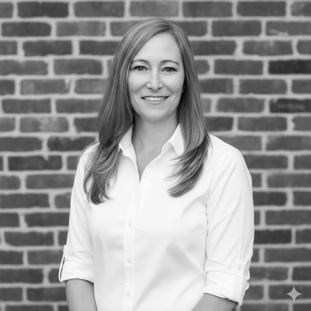 Woman in white shirt smiles, standing in front of a brick wall.