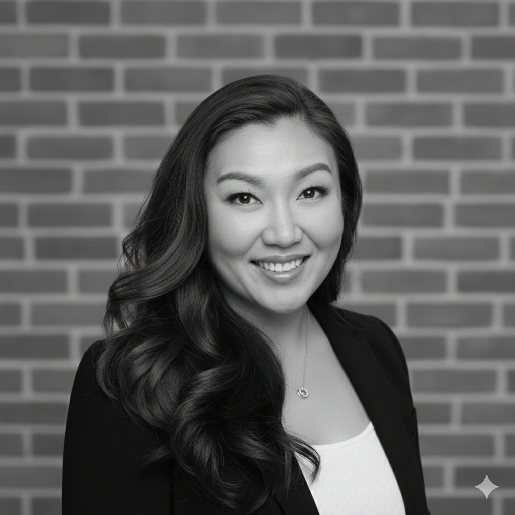 Woman in blazer smiles at camera, brick wall background.