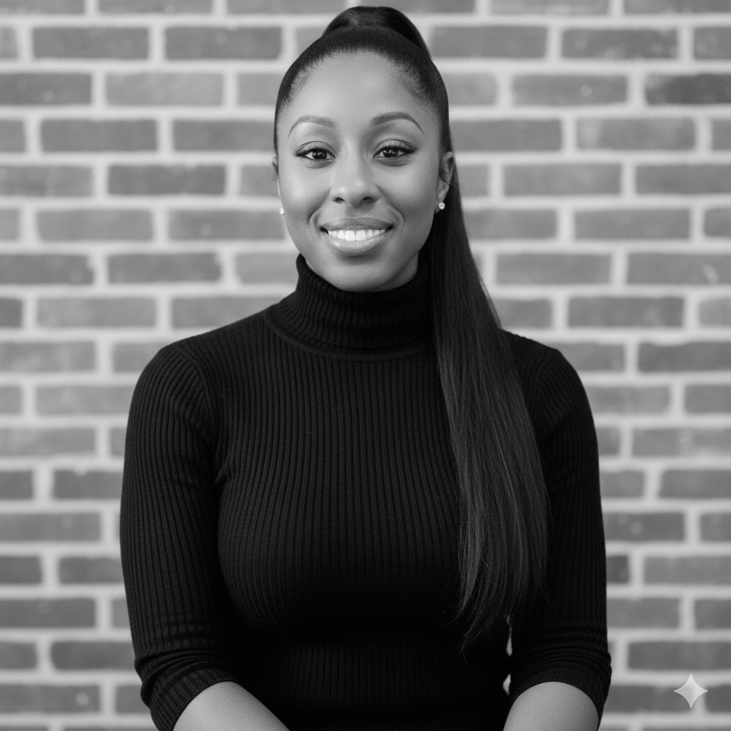 Woman with long hair in a high ponytail smiles, wearing a black turtleneck in front of a brick wall.