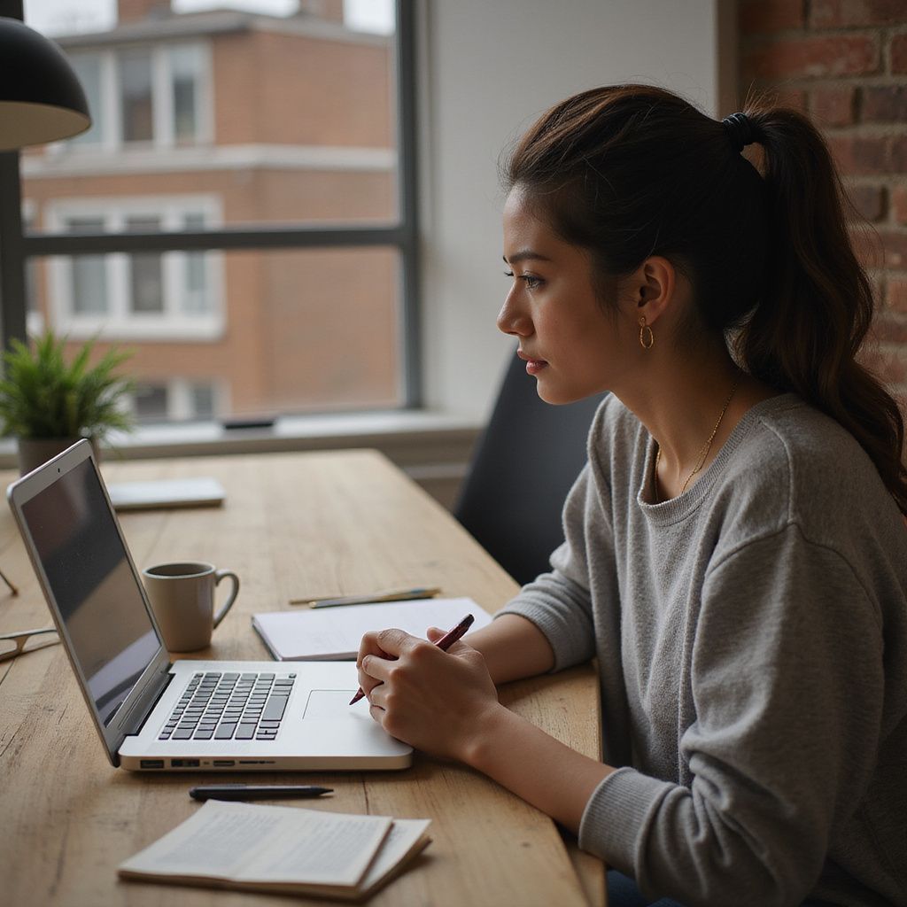 Woman with dark hair in a ponytail works on a laptop at a wooden table near a window.