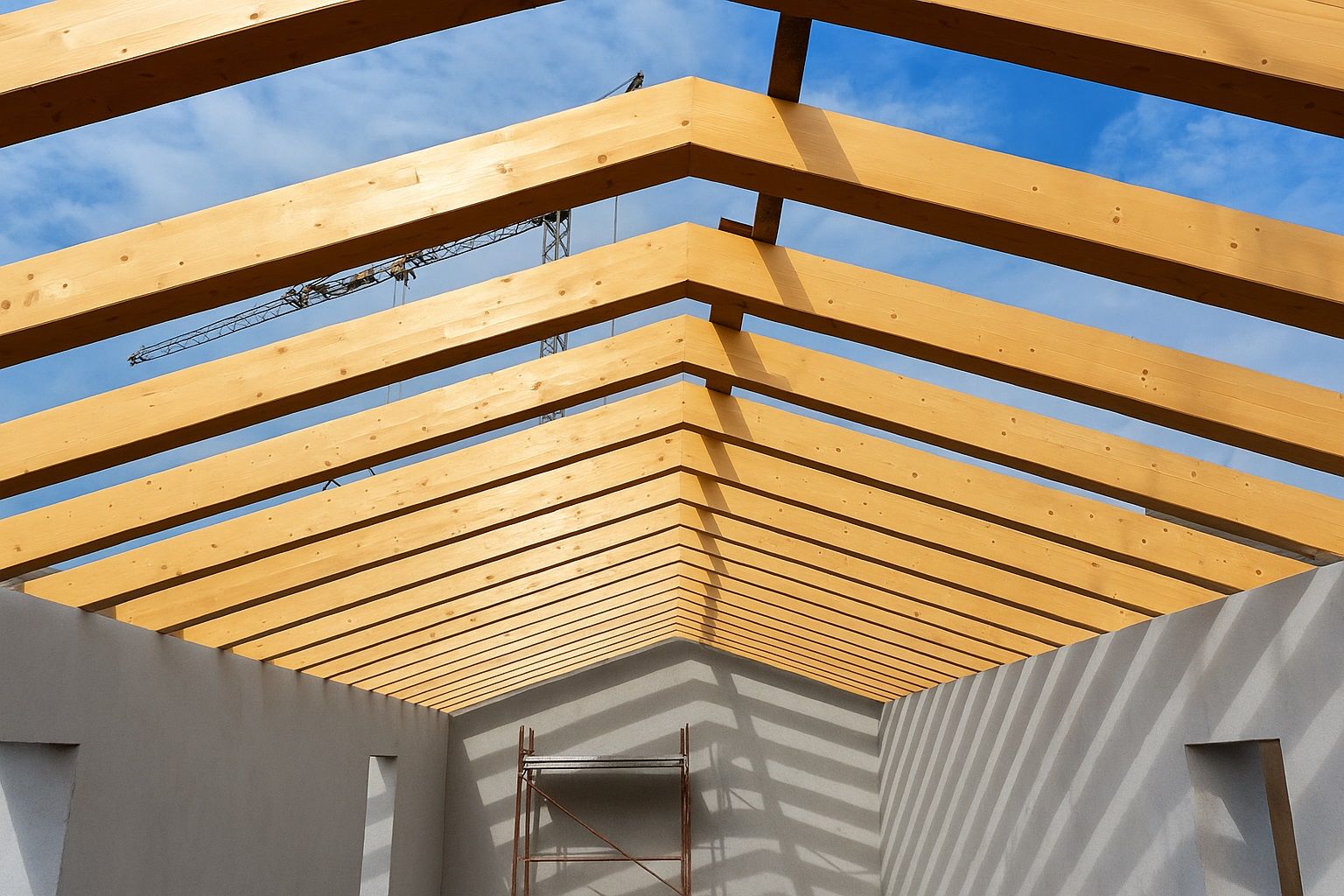 Travi di legno che formano la struttura del tetto di una stanza dalle pareti bianche sotto un cielo azzurro, cantiere.