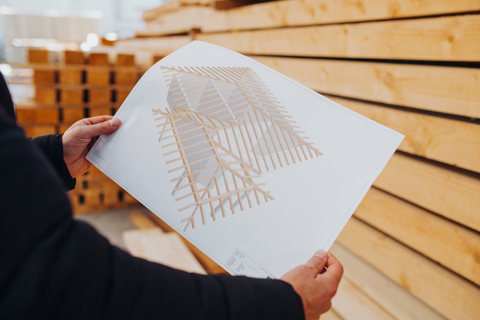 Persona che tiene in mano il progetto di una struttura di tetto in legno, in un deposito di legname.