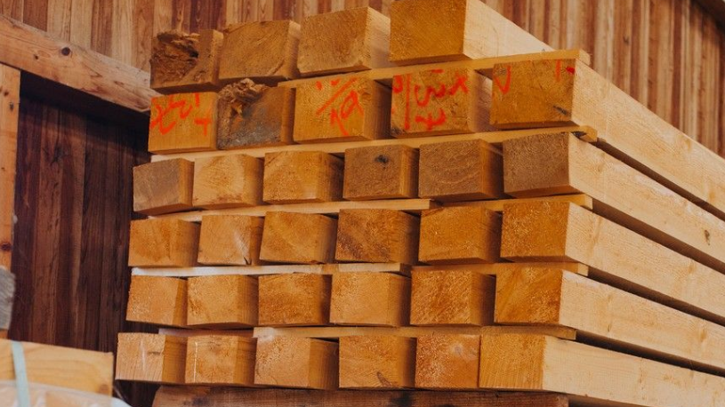 Catasta di legname squadrato all'interno di un edificio in legno, alcuni con segni arancioni.