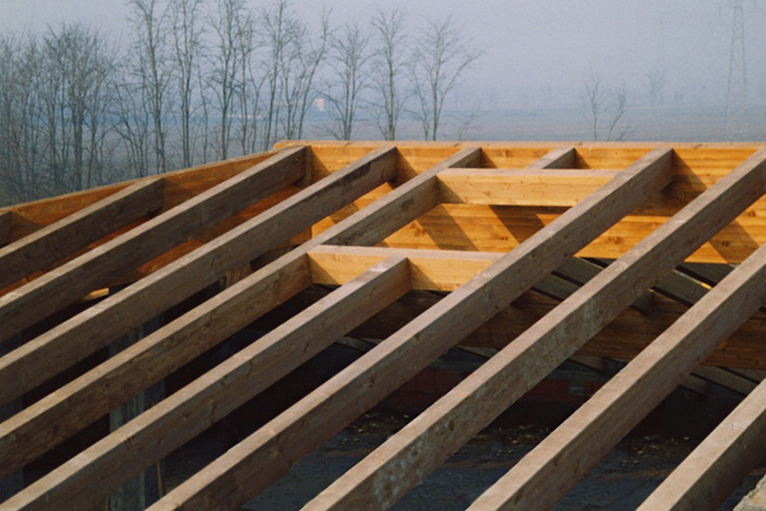 Struttura del tetto in legno con travi e supporti, all'aperto con uno sfondo nebbioso di alberi.