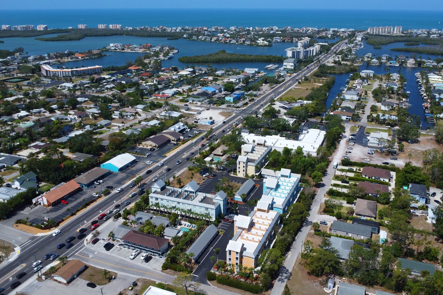 An aerial view of a city with a lot of buildings and roads