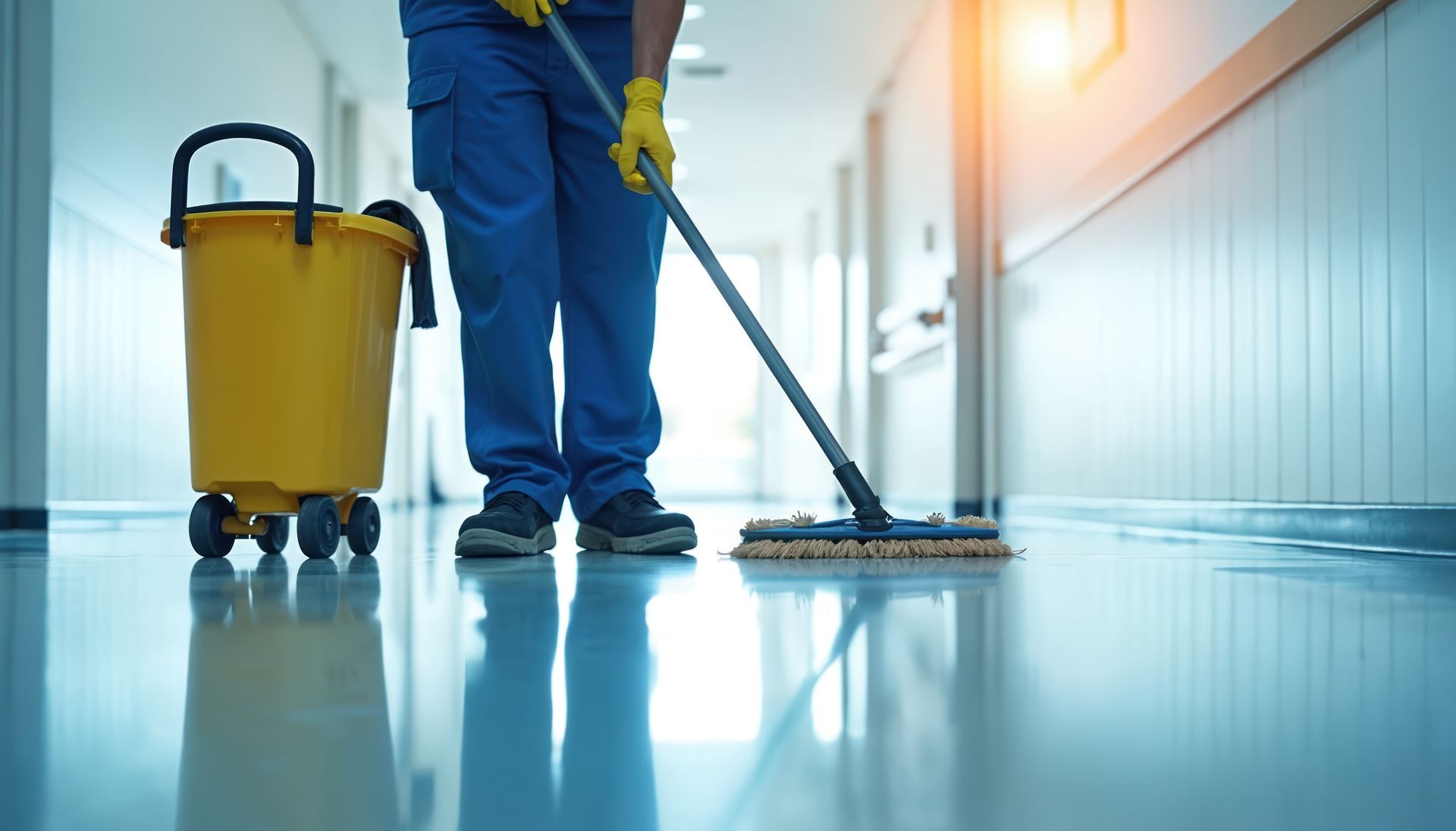 Custodian mopping a hallway with a yellow bucket nearby. Floor is wet.