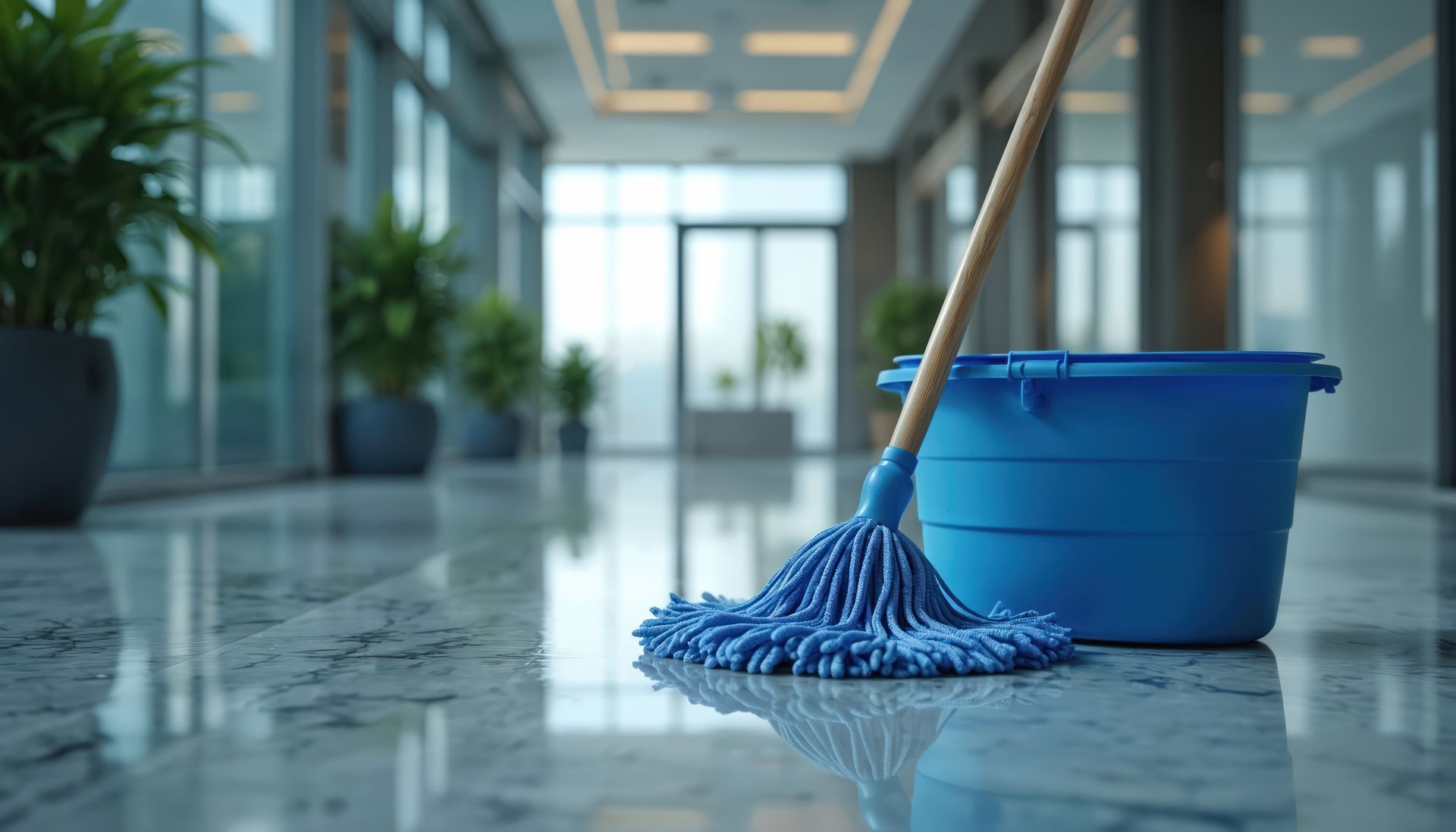 Blue mop and bucket on a shiny, wet floor in a brightly lit hallway.