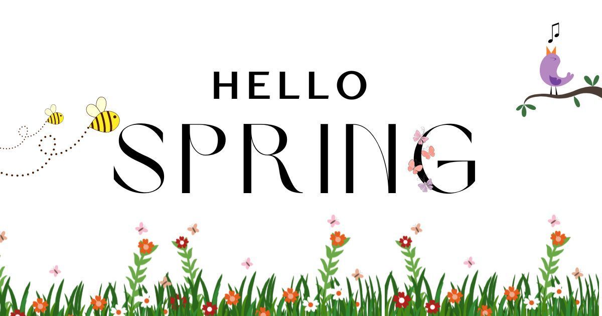 A sign that says `` hello spring '' with flowers and a bird on a branch.