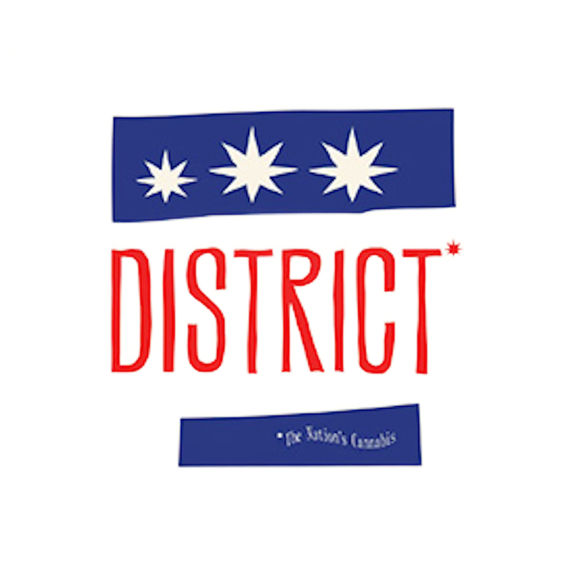 Logo for District cannabis: Blue and red with stars and text.