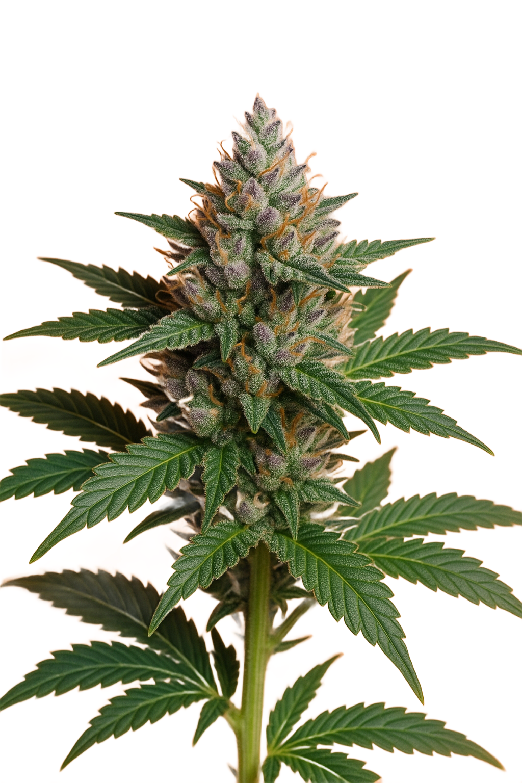 Cannabis plant with dense green and purple buds, set against a white background.