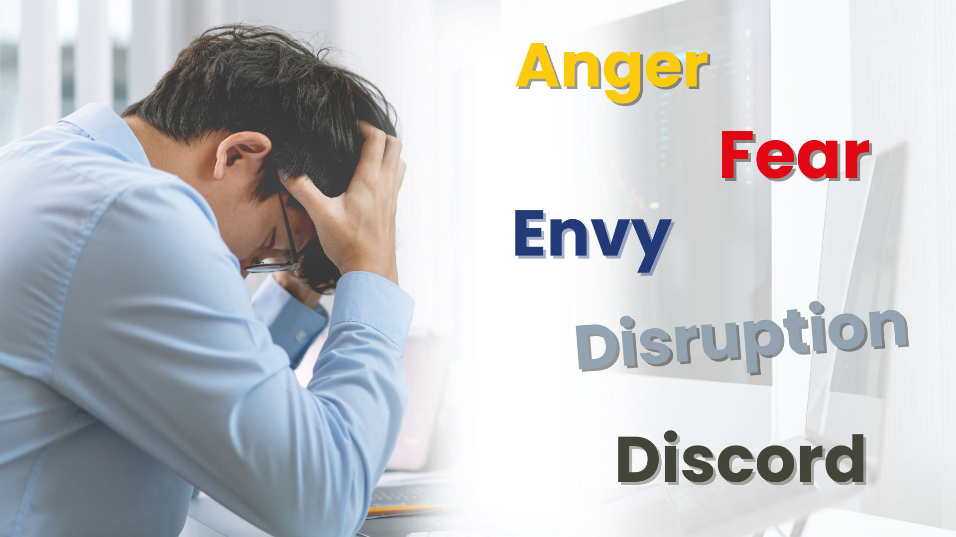 Frustrated employee wrapped by different mixed emotions such as anger, fear, envy, disruption, etc.