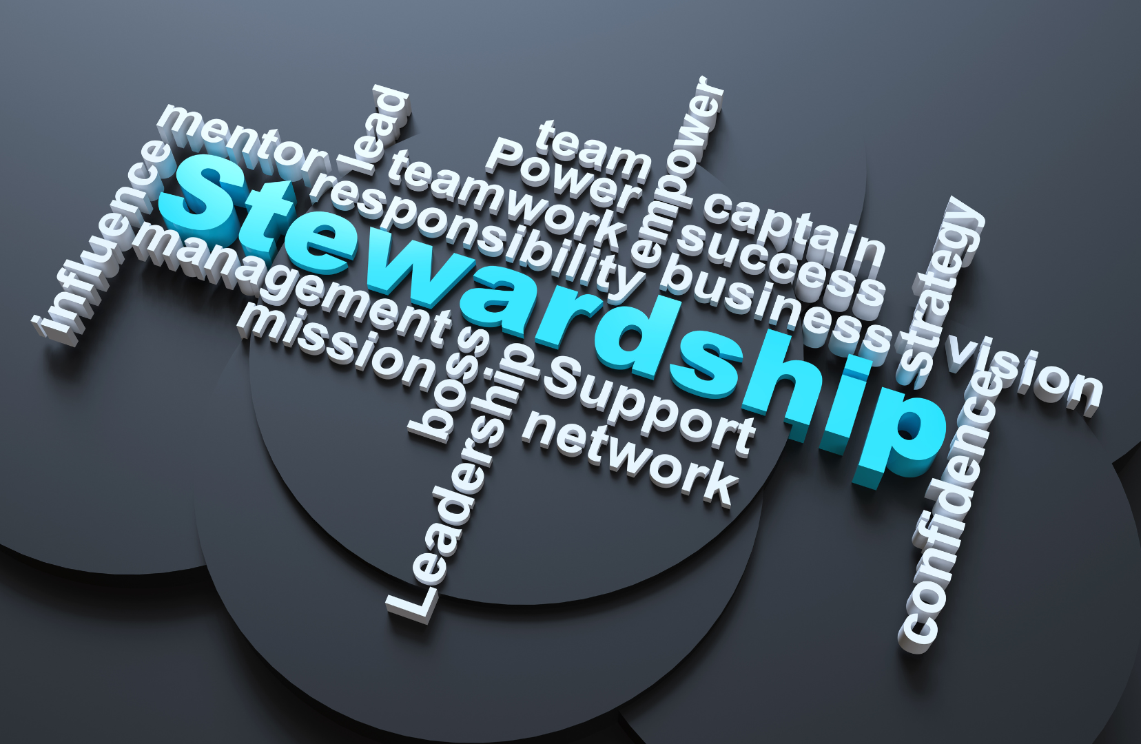 A vector graphic of the word stewardship and other leadership related vocabulary