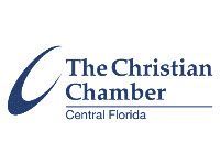 the christian chamber of central florida logo is blue and white .