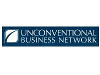 the logo for the unconventional business network is blue and white .