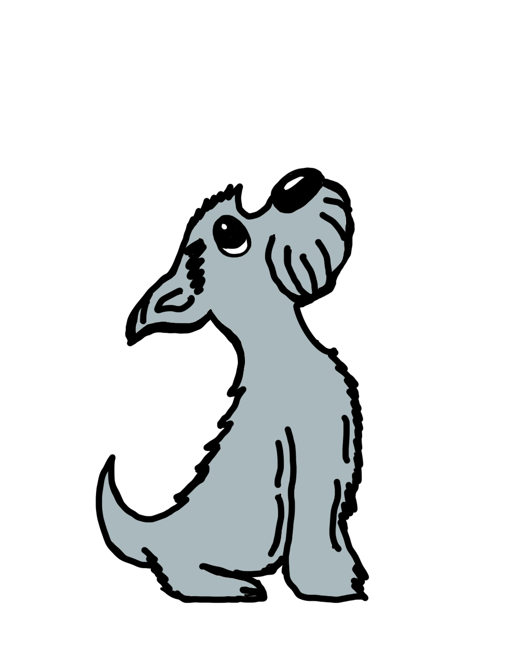 A cartoon drawing of a dog looking up on a white background