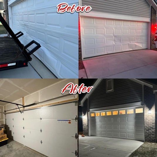 Garage door before and after. Damaged white door replaced with a new one, with windows and light.
