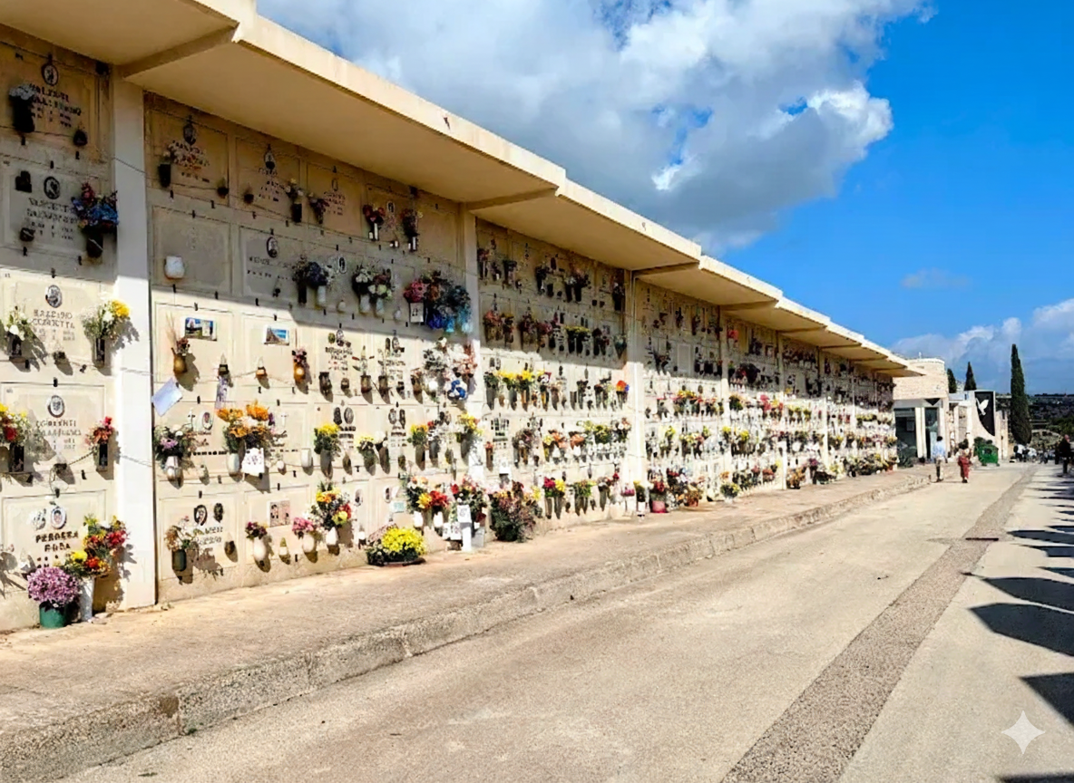 File di nicchie di colombari con fiori e targhe in un cimitero in una giornata di sole.