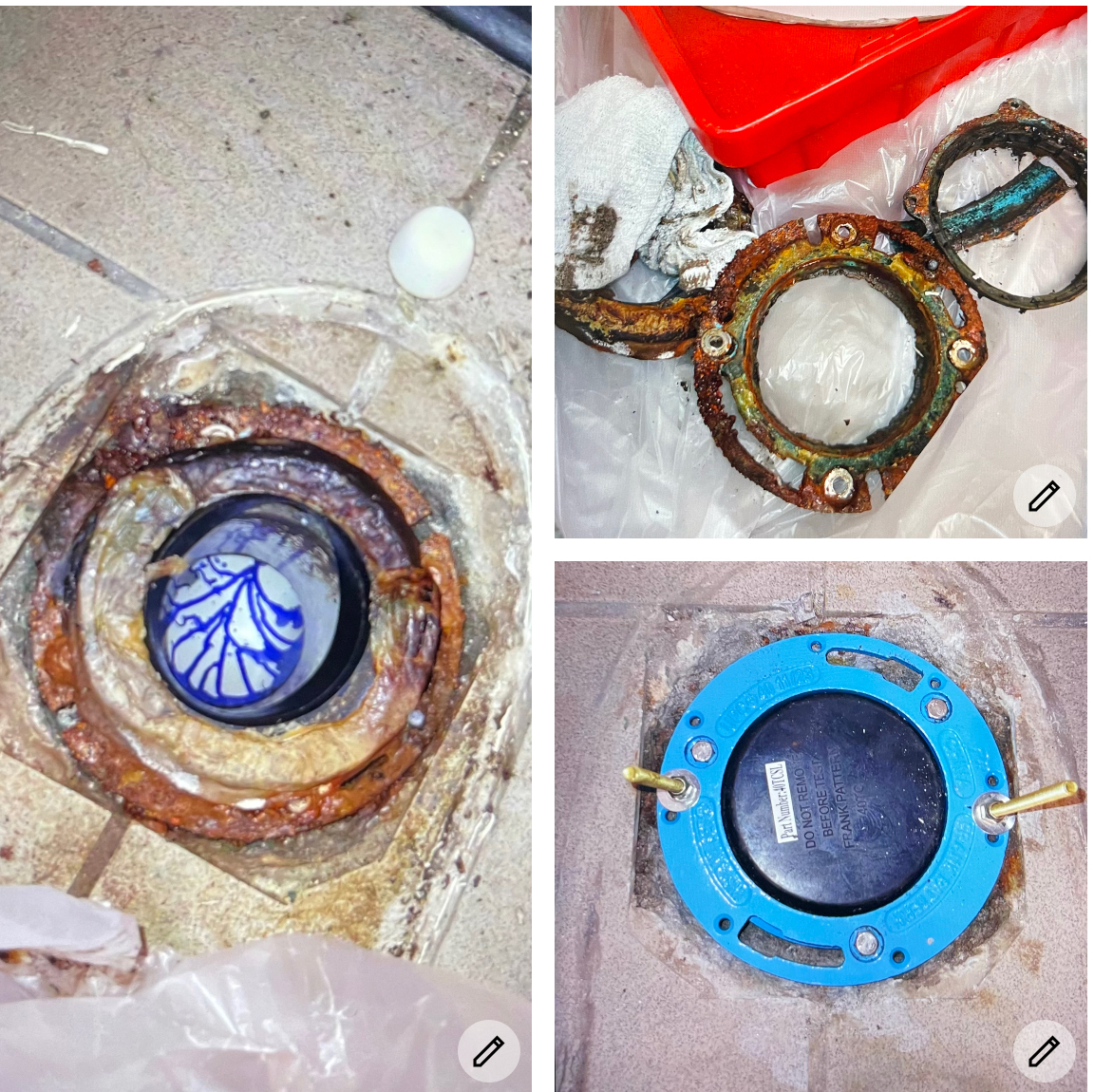 Toilet flange replacement: old, rusty flanges next to a new blue flange installed on a tile floor.