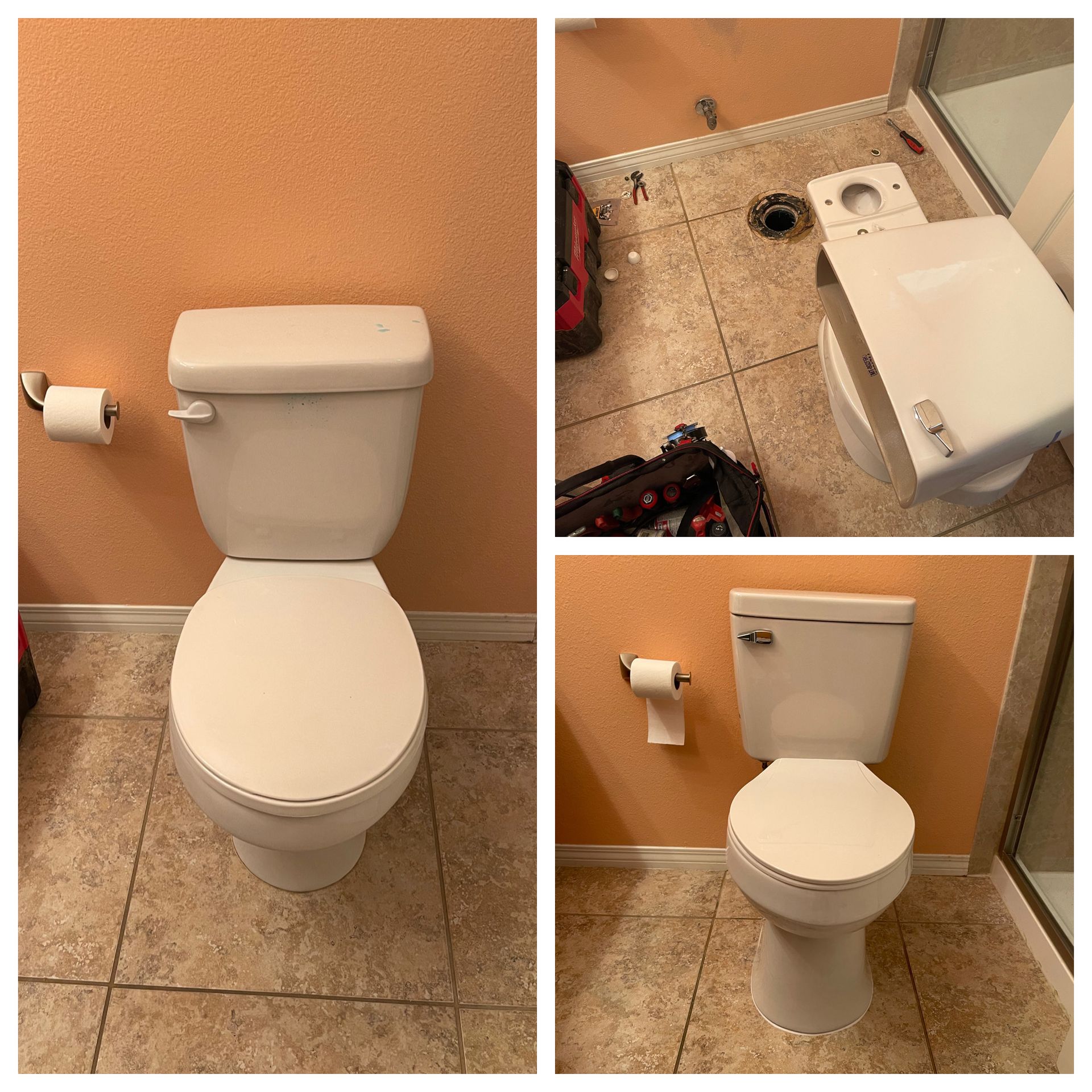 Toilet installation in a bathroom; peach walls, beige tile, and tools.
