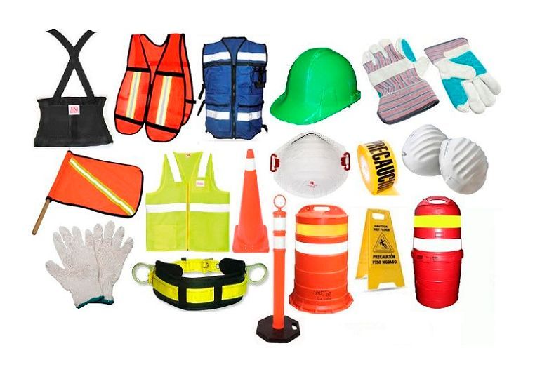 Una variedad de equipos de seguridad que incluyen cascos, chalecos y guantes
