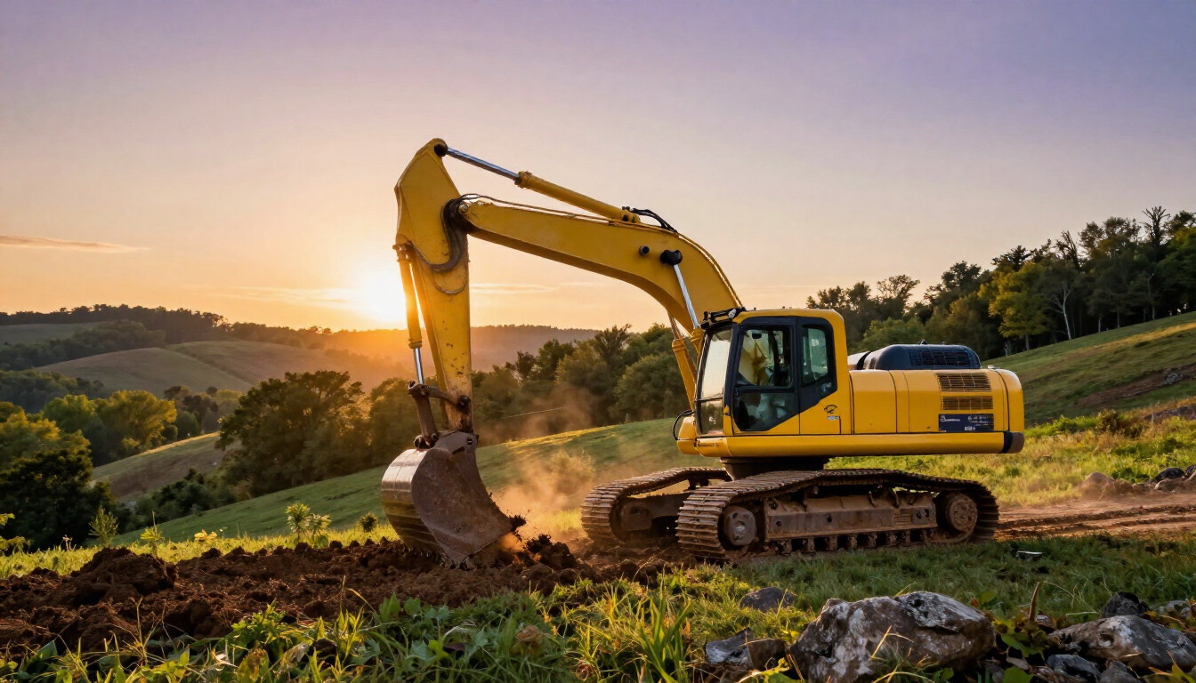 Image 1: Large yellow excavator clearing wooded land