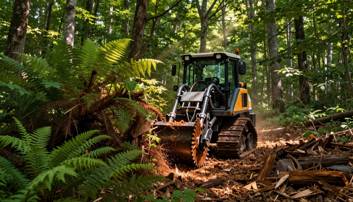 Forestry mulcher machine working on a Tennessee property clearing thick brush and small trees.