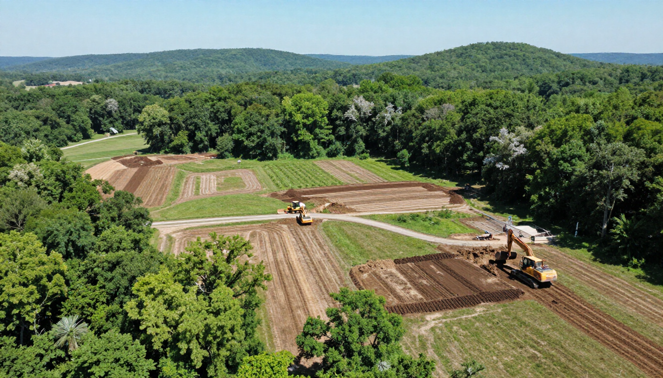 Excavator clearing a rural property in Tennessee for new development