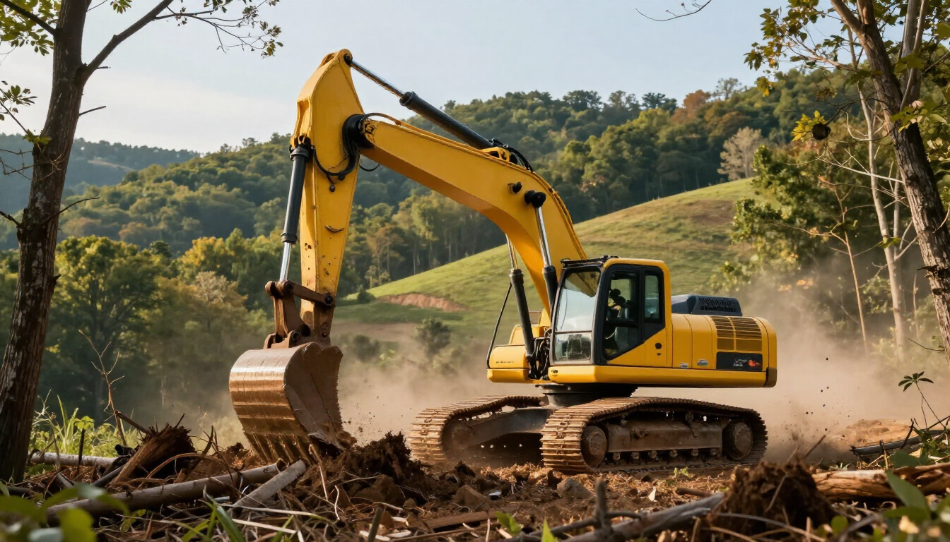 Heavy machinery clearing a wooded lot during a property clearing project.