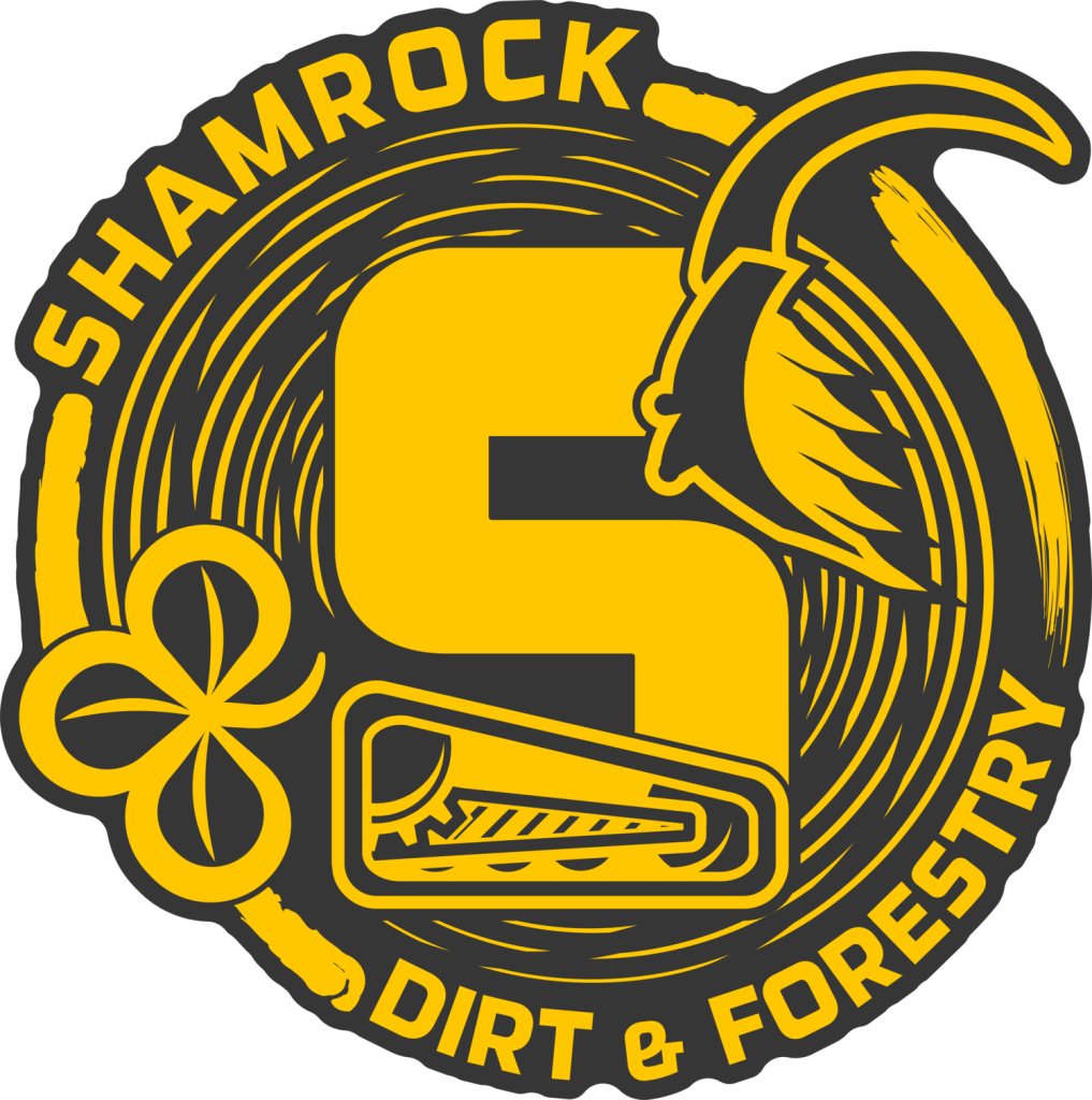 The shamrock dirt and forestry logo is yellow and black