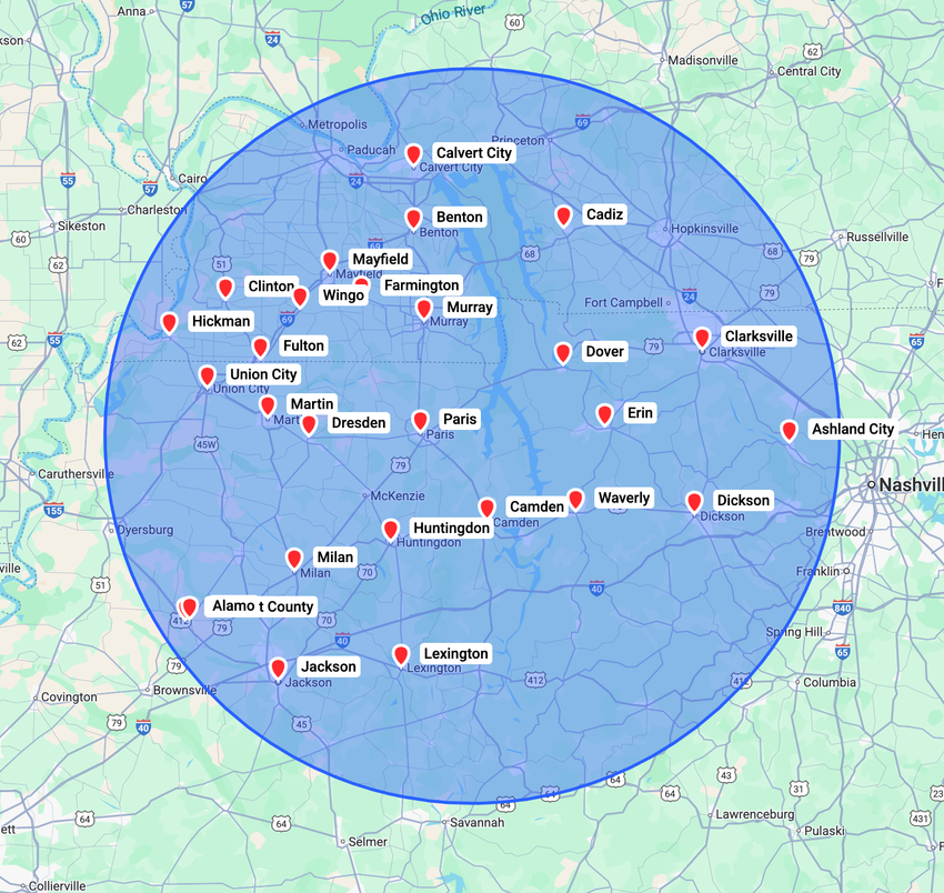 A map with a circle in the middle of it